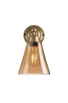 image of Orlando Tinted Glass Flask Wall Light, 6 Inch, Amber, Brass Holder