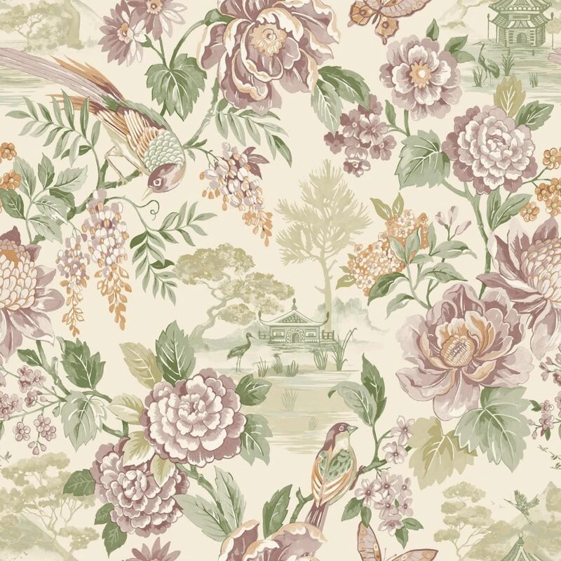 Image of HOLDEN DECOR Holden Decor - Scenic Bird Trail Green Cream Wallpaper Naturistic Feature Wall WL-13810