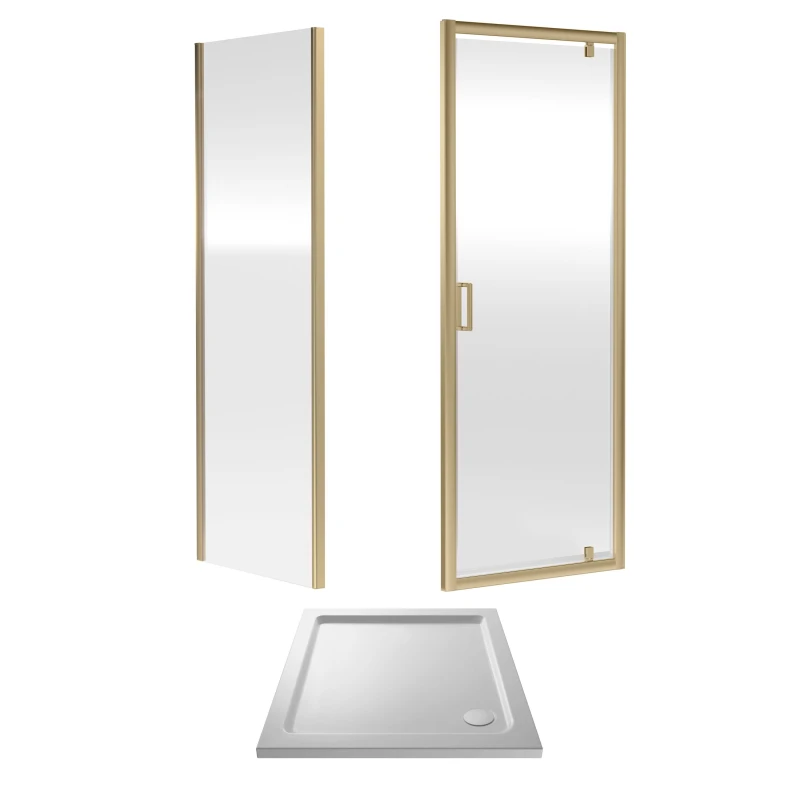 Image of Balterley Ruwa Pivot Suite & 6mm Glass, 760x760mm Tray, Door & Side Panel Brass in Metallics Metallics Unisex
