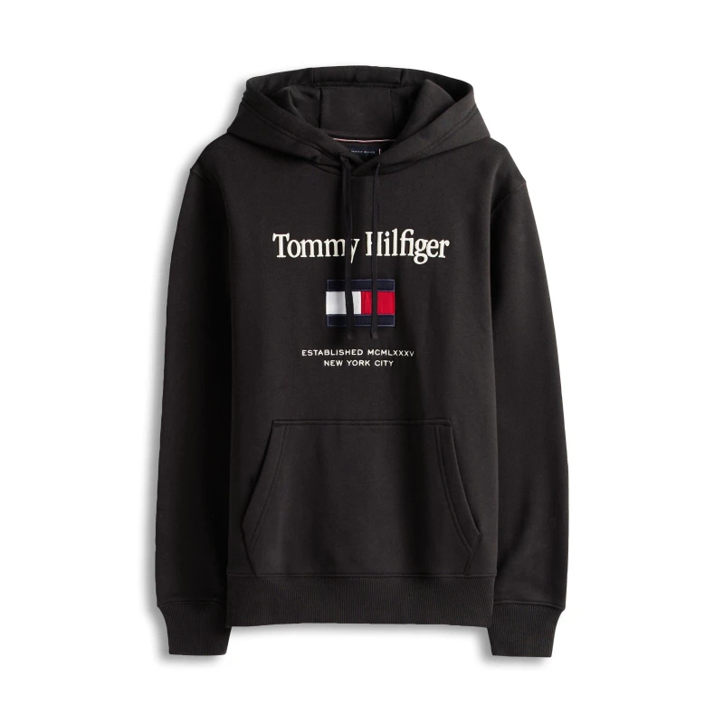 Image of Tommy Hilfiger Mens Embro Flag Pull Over Hoodie Black male XL