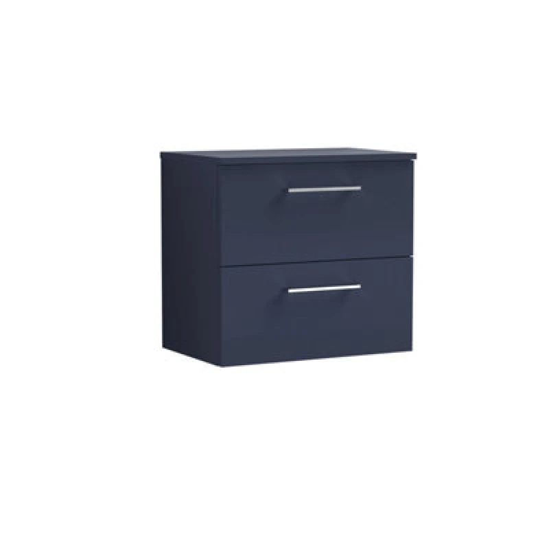 Image of Nuie Arno Wall Hung 2-Drawer Vanity & Black Worktop, Stylish Counter Top Vanity Unit In Midnight Blue, 600mm