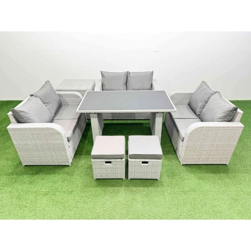 Image of Fimous 8 Seater Patio Garden Furniture Sets with Side Table 2 Small Stool in Light Grey Light Grey Unisex