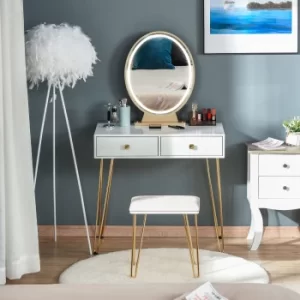 image of HOMCOM Makeup Vanity Table Set with Round Mirror, 3 Color LED Light, Dressing Desk with 2 Drawers and Cushioned Stool for Bedroom, White