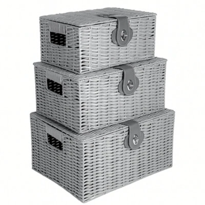 Image of Innoteck Essentials Wicker Woven Storage Baskets With Lid (Set Of 3) - Grey.