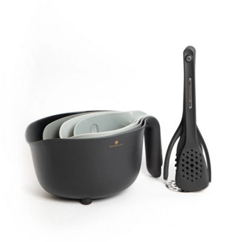 Image of Masterclass 9pc Kitchen Tools Bundle with Mixing Bowl, Colander, Measuring Jugs, 2x Spatulas, Cooking Spoon, Pasta Server & Masher Grey