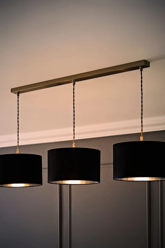 Image of ValueLights ValueLights Reni Metallic Drum Shade 3 Drop Bar Brushed Chrome Diner Ceiling Light and Bulbs in Black One Size Unisex 5059406064012