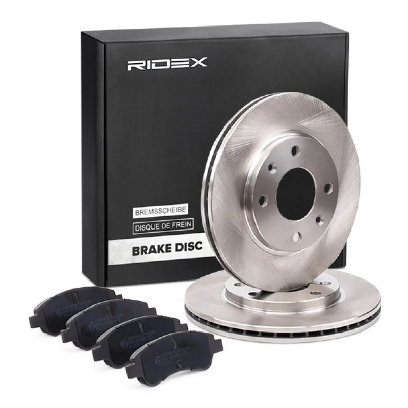Image of RIDEX 3405B1101 Brake disc and pads set Front Axle, Brake Disc Type: internally vented, not prepared for wear warning indicator Brake Set,disc brakes