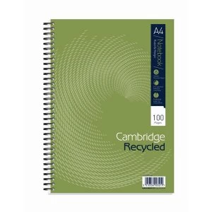 image of Cambridge A4 Notebook 100 Pages 70gm2 Wirebound Recycled Punched 4 Holes Perforated Ruled Margin Card Cover Pack 5