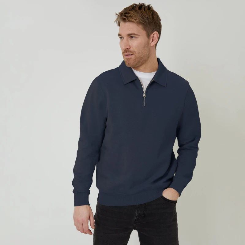 Image of Threadbare Threadbare Men Quarter Zip Collared Sweatshirt in Navy Size: Medium Navy M Male 7625915091528
