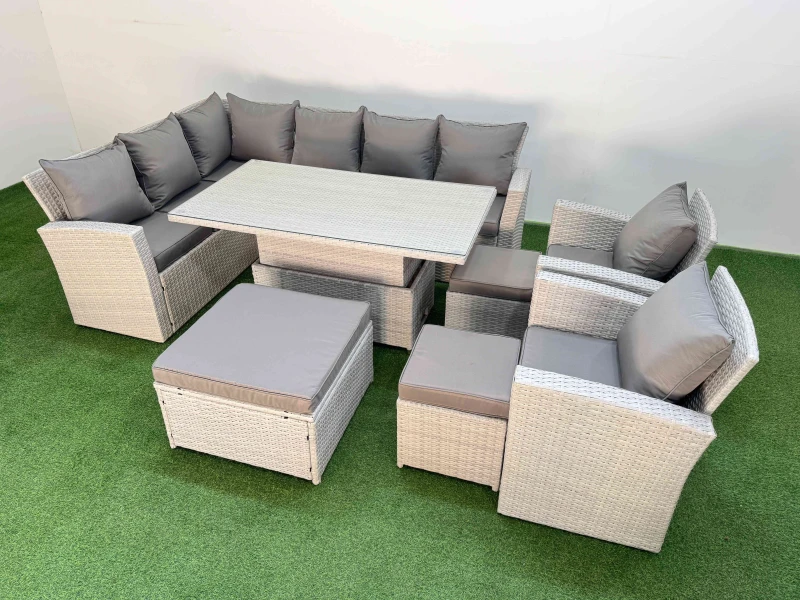 Image of Fimous 11 Seat Garden Furniture Corner Sofa with 3 Footstools Light Grey Light Grey Unisex