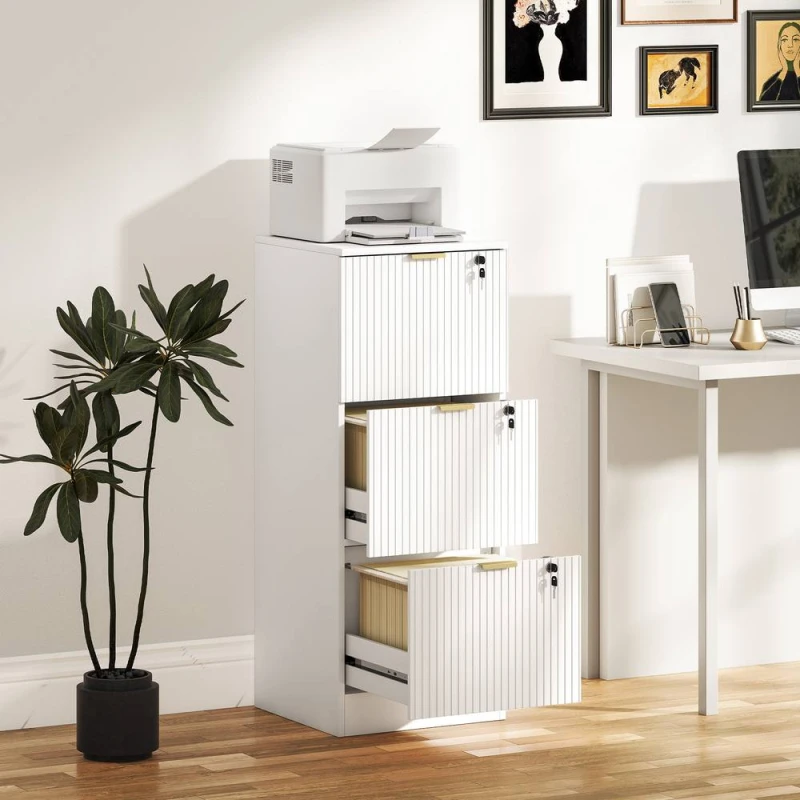 Image of HOMCOM Cabinet, File Cabinet with 3 Lockable Drawers & Hanging Rails in White Size: 40cm x 40cm White Unisex 40cm x 40 cm