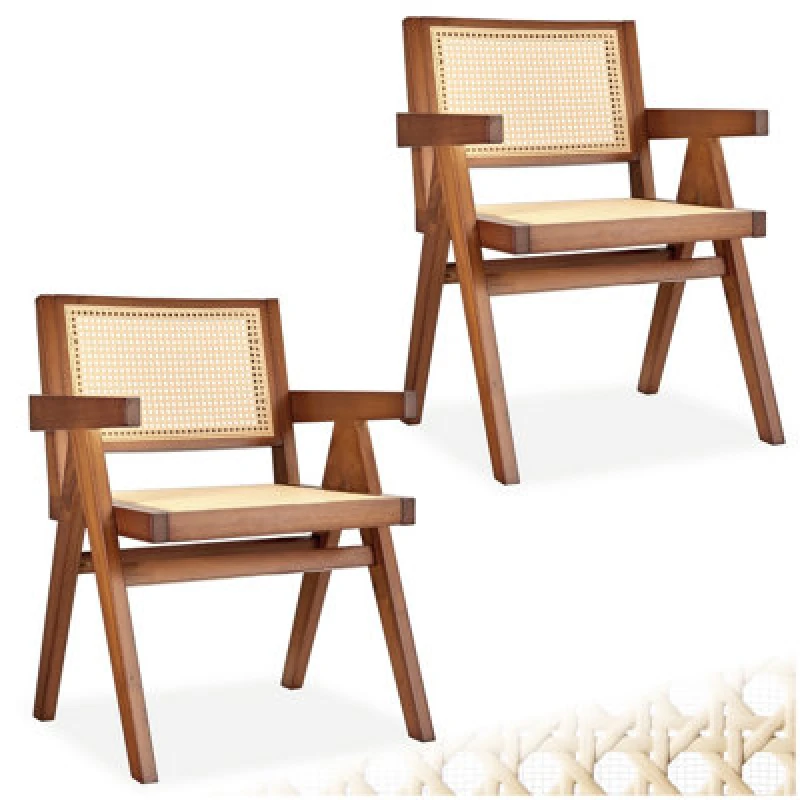 Image of Tectake Set Of 2 Dining Chair Lizzy With Mid-Century Modern Design, Rattan Backrest And Solid Wood Frame - Dark Oak