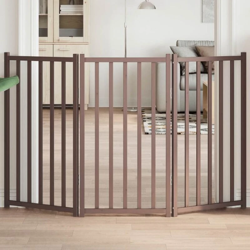 Image of vidaXL Dog Gate Foldable 3 Panels Brown Oak 150cm Solid Wood Fir, Brown 352294