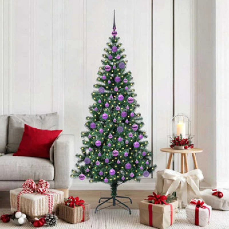 Image of vidaXL Artificial Pre-lit Christmas Tree with Lilac Balls Green 180cm PVC and Metal, Green 3396768