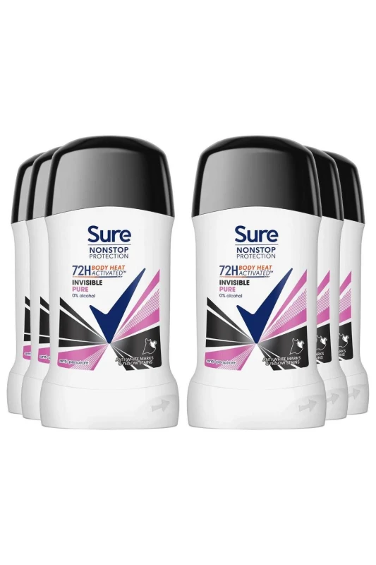 Image of Sure Invisible Pure 'Antiperspirant' Stick 72H Protection, 6x50ml White female