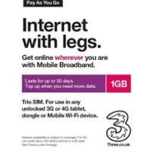 image of 3 1GB Trio Pay as You Go Mobile Broadband SIM SIM Pack Pouch