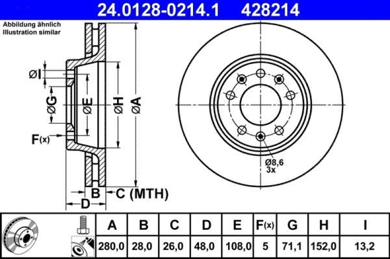 Image of ATE 24.0128-0214.1 Brake disc Vented, Coated, with bolts/screws Brake Disc (82)