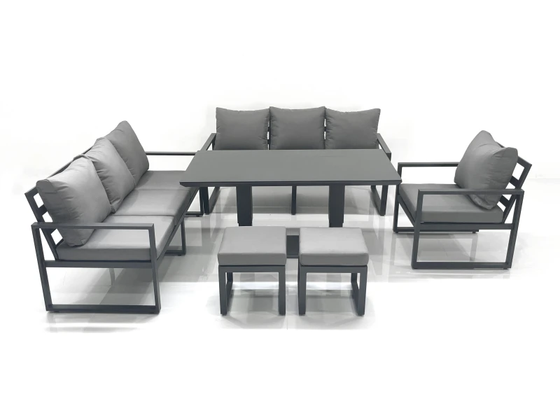 Image of Fimous Outdoor Garden Furniture Set Aluminium Lounge Sofa Adjustable Rising Lifting Dining Table Sets with 2 Small Footstools Dark Grey Dark Grey Unis