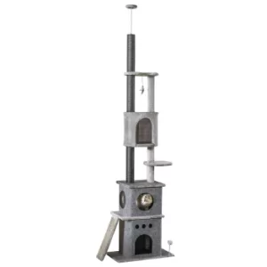 Image of PawHut 255cm Cat Climbing Tree Adjustable Kitty Activity Center Floor-to-Ceiling Cat Climber Toy with Double Condo Play Rest Post Light Grey