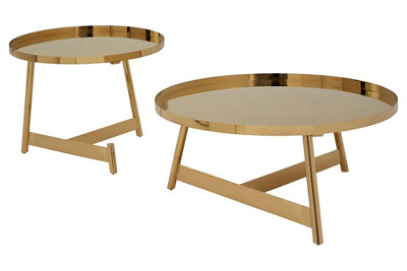 Image of Premier Housewares Stylish Set Of 2 Round Tables, Raised Edges Side Table By Couch For Livingroom, Secured Storage Lounge Table Gold
