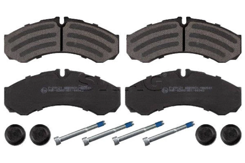 Image of SWAG 33 10 7492 Brake pad set Rear Axle, prepared for wear warning indicator, with fastening/mounting material, with fastening material Brake Pad Set