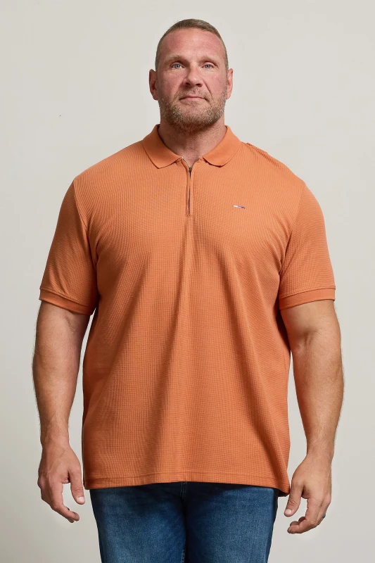 Image of BadRhino BadRhino Men Waffle Texture Zip Polo Shirt in Orange Size: 7-8X-Large Orange 7-8XL Male 5063589245847