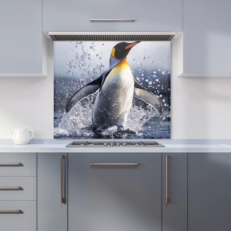 Image of Warren Reed - Designer Regal Penguin in a Watery Burst Kitchen Splashback in Black Size: 600mm x 750mm Black Unisex 600mm x 750mm