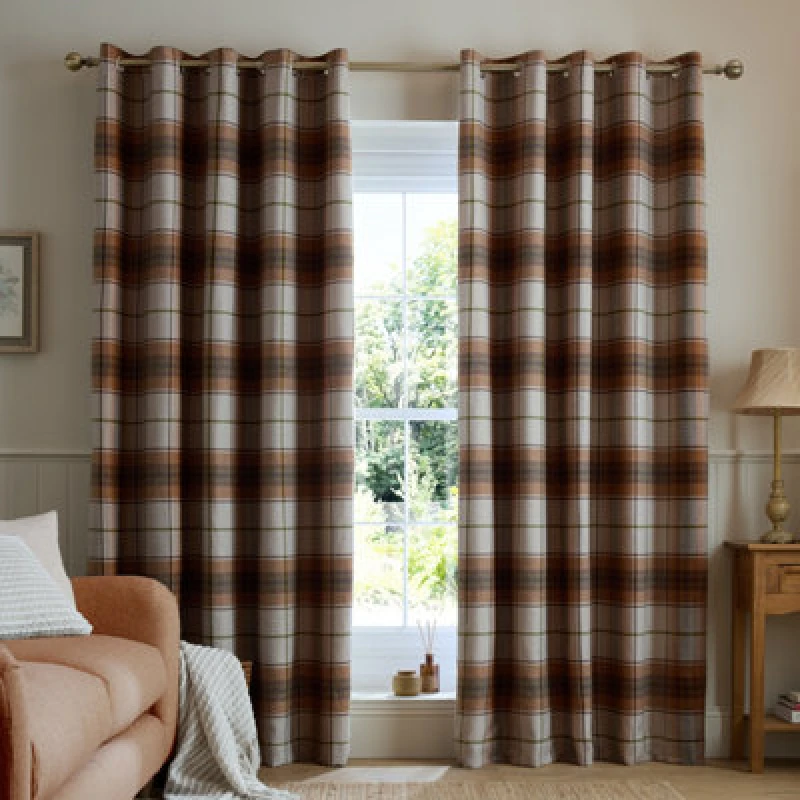 Image of Catherine Lansfield Brushed Woven Glencoe Check Thermal 46X54" Eyelet Curtains Two Panels Terracotta