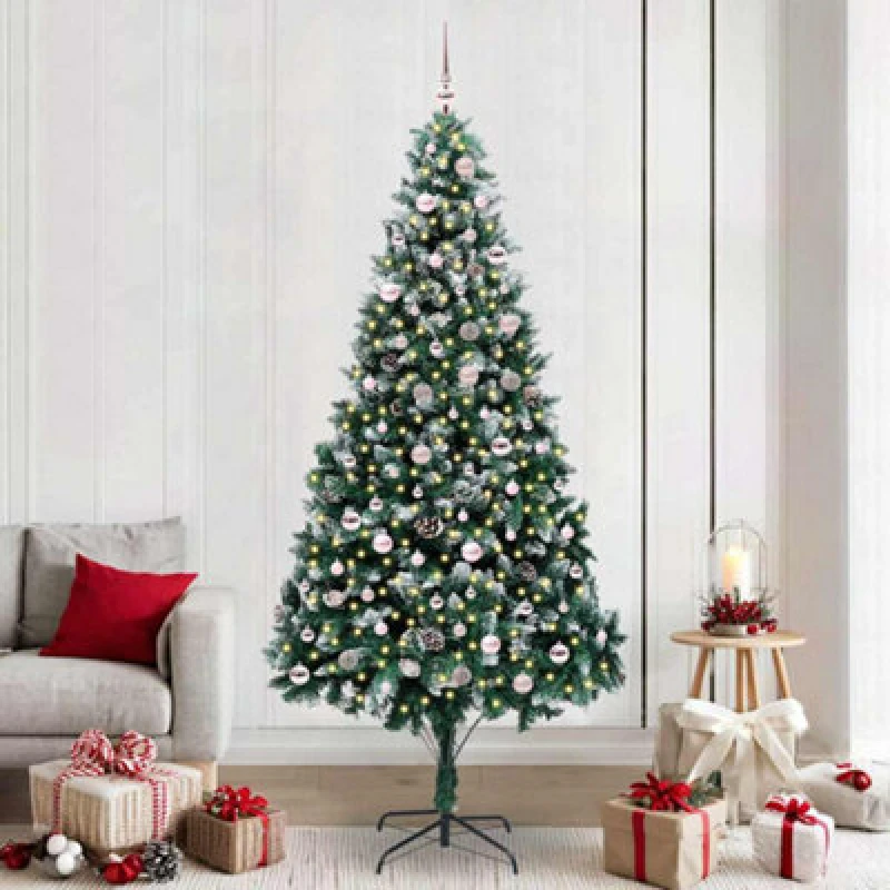 Image of vidaXL Artificial Christmas Tree with 300 LEDs, Pink Balls with Stand Green 240 x 130 cm, Green 3396284