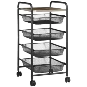 Image of HOMCOM Storage Trolley on Wheels, Rolling Utility Serving Cart with 4 Mesh Trays for Living Room, Kitchen, Black
