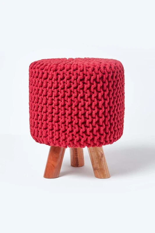 Image of Homescapes Red Tall Cotton Knitted Footstool On Legs