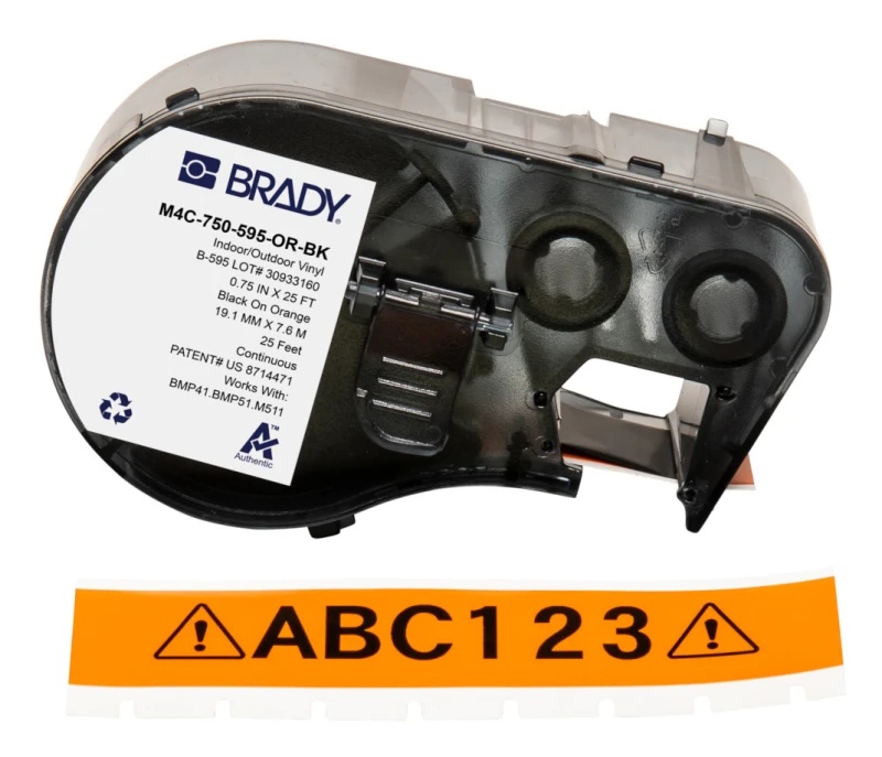Image of Brady M4C-750-595-OR-BK printer label Black. Orange Self-adhesive prin