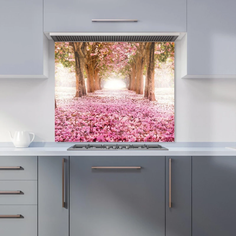 Image of Warren Reed - Designer Pink Flower Tree Tunnel Kitchen Splashback Size: 600mm x 600mm Pink Unisex 600mm x 600mm