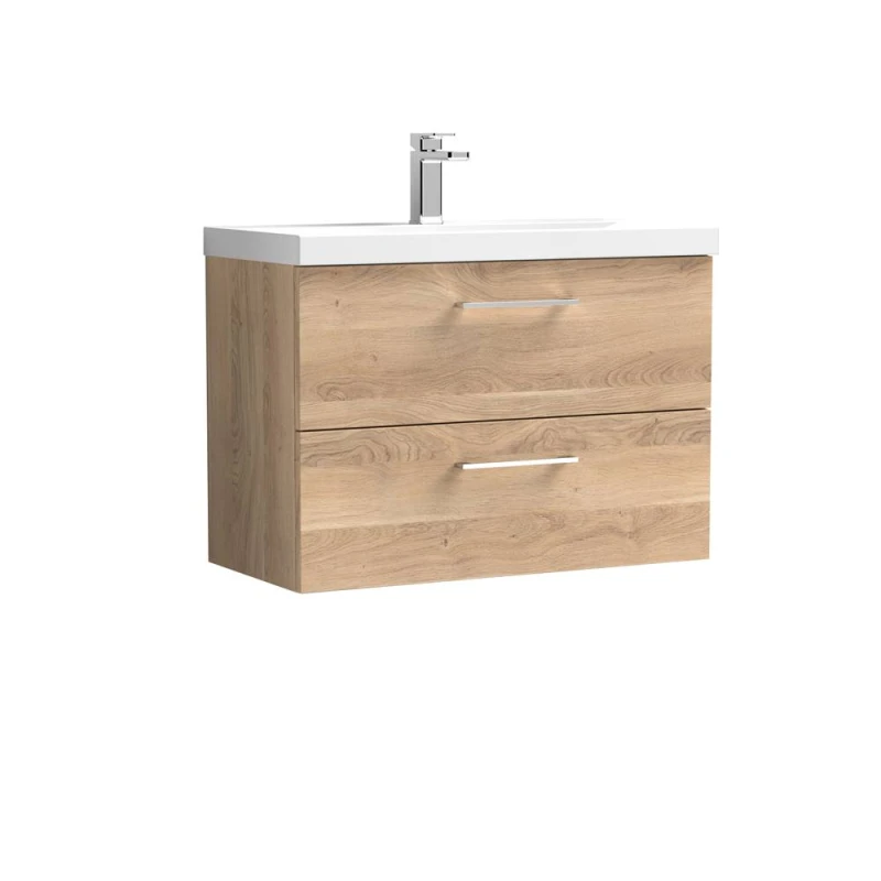 Image of Balterley Contemporary Bathroom Wall Hung 2 Soft-Close Drawer Vanity Unit & Mid-Edge Ceramic Basin, Bleached Oak, 800 mm in Brown Brown Unisex