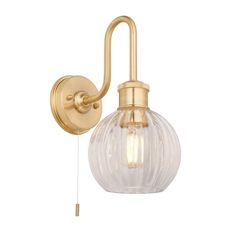 Image of Loops Satin Brass Bathroom Wall Light & Ribbed Glass Shade IP44 Rated Knurled Detail Clear