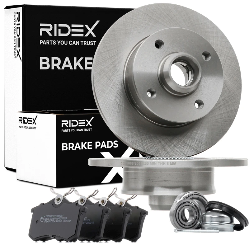 Image of RIDEX 3405B0442 Brake disc and pads set Rear Axle, Brake Disc Type: Solid, with ABS sensor ring Brake Set,disc brakes (3405)