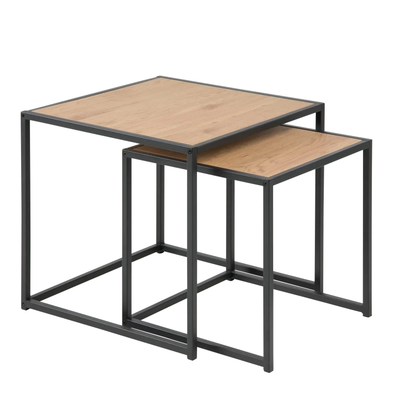 Image of Furniture To Go Seaford Black Metal Nest of Tables with Oak Top in Brown Brown Unisex