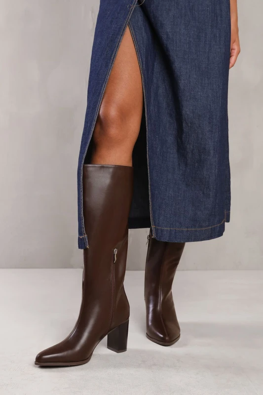 Image of Wheres That From Elder Block Heel Knee High Boots With Side Zip In - Dark Brown PU Dark Brown PU 8