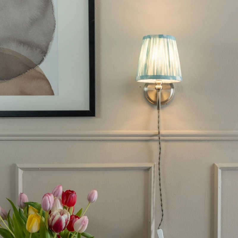 Image of ValueLights Pair of - Plug in Brushed Chrome Easy Fit Wall Lights with Blue Pleated Fabric Tapered Lampshade Blue