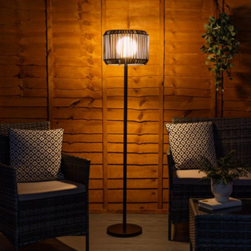 Image of ValueLights ValueLights Grey Rattan Solar Powered Outdoor Garden Floor Lamp with Drum Shade Grey One Size Unisex 5016529271178