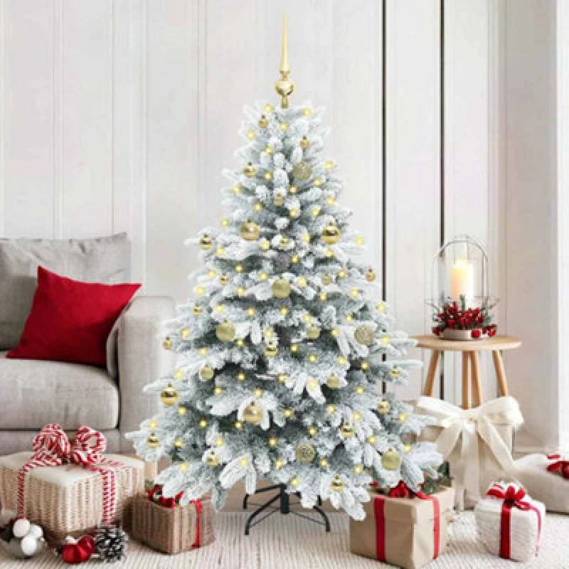 Image of vidaXL Artificial Christmas Tree with 150 LEDs, Gold Balls Snow Flocked Green 150cm PE and PVC, Green 3397605