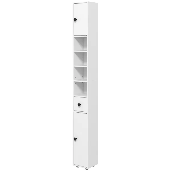 image of Kleankin 180cm Tall Slim Bathroom Cabinet, Narrow Toilet Roll Storage w/ Open Shelves, 2 Door Cabinets, Adjustable Shelves, for Kitchen, White