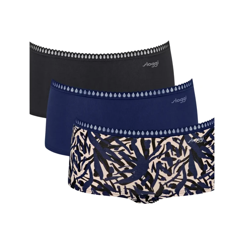 Image of Sloggi Pack of 3 Go Crush Shorts in Cotton Blue navy+black+printed Cotton XS