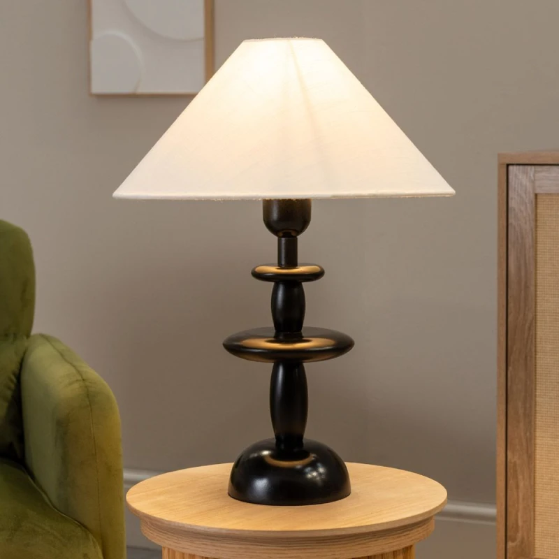 Image of ValueLights ValueLights Justin Natural Linen Tapered Shade Dark Wood Stacked Table Lamp with LED Bulb Natural One Size Unisex 5059406065934