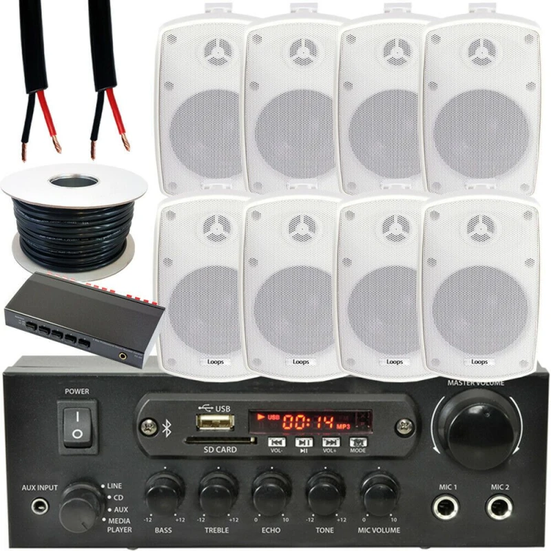 Image of Loops 4 Zone Bluetooth Kit 8x 60W Outdoor White Speakers Stereo Amplifier Garden BBQ White unisex