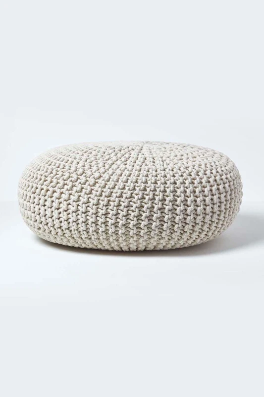 Image of Homescapes Large Round Cotton Knitted Pouffe Footstool Natural