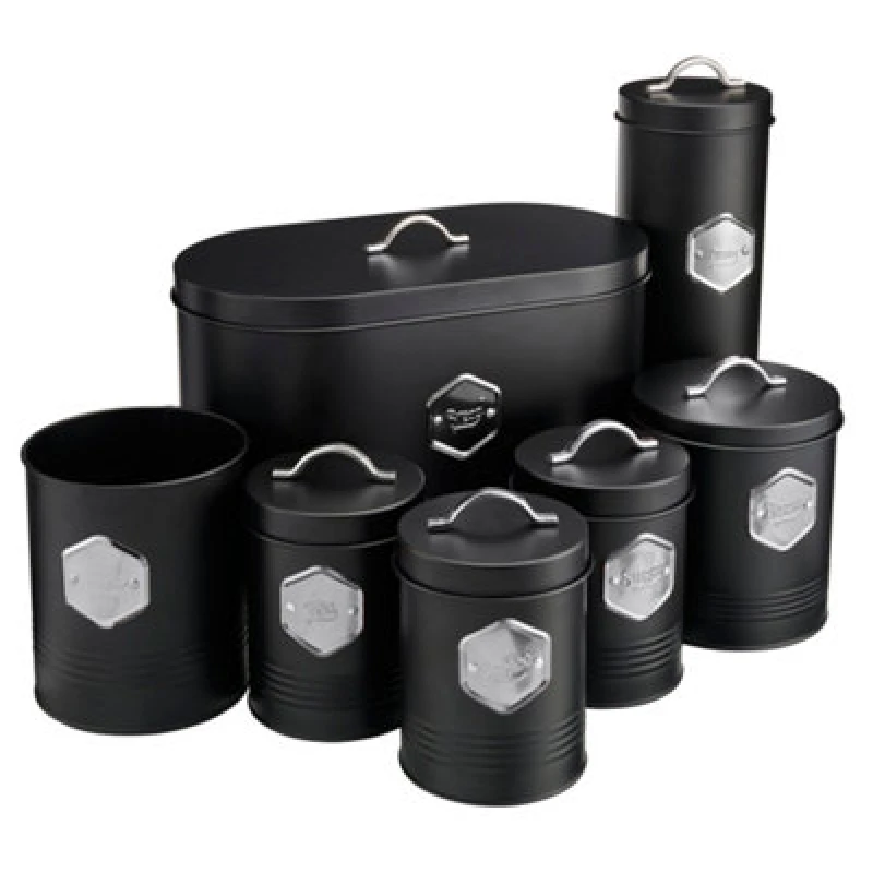 Image of Cooks Professional 7Pc Tea Coffee Sugar Bread Biscuit Pasta & Utensil Cannister Set - Labelled Kitchen Storage Tins - Black/silver