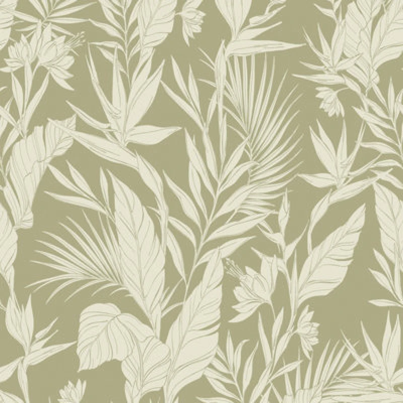 Image of Grandeco Glistening Lucia Tropical Foliage Blown Vinyl Wallpaper, Sage Green