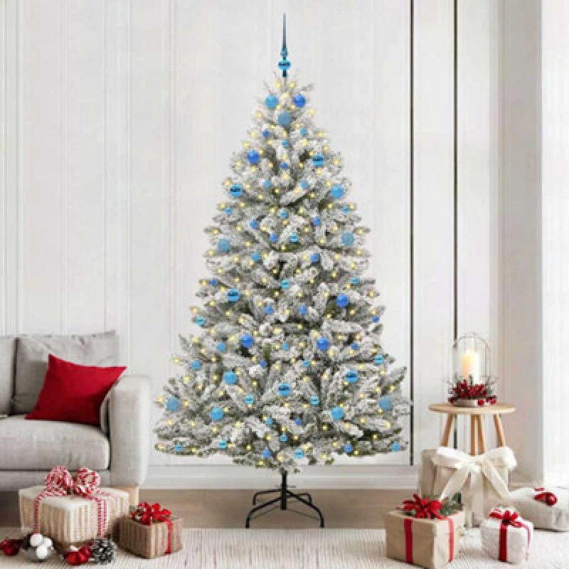 Image of vidaXL Artificial Christmas Tree with Blue Balls Green and White 210cm PVC and Metal, Green 3395764