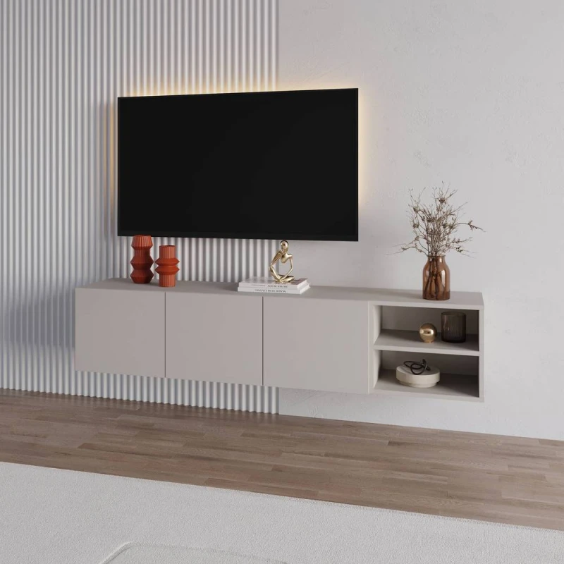 Image of Decortie Conrad 180Cm Floating TV Stand, Wall-Mounted Unit With 3 Soft-Close Doors & Open Shelves Sandstone (W) 180Cm